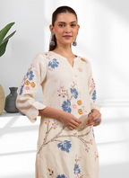 Joban Fashion Cream Linen Embroidered Readymade Long Kurta With Pant - Distacart