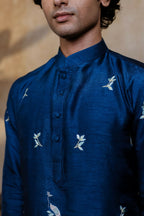 Falling Raw Silk Navy Blue Neel Mayura Kurta Set By Hilo Design