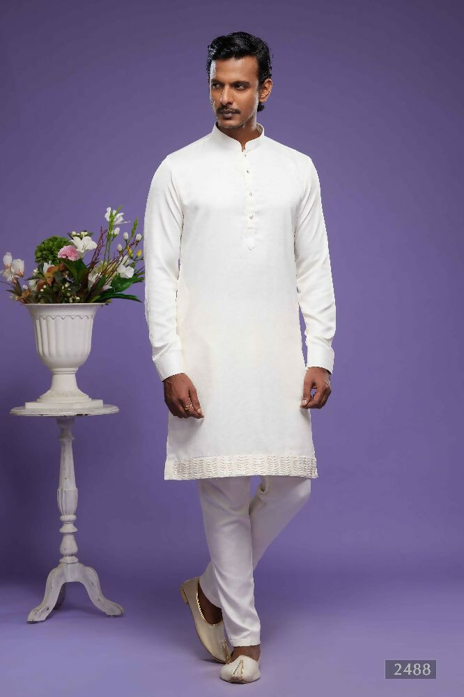 Raivat Ethnic Art Banarasi Silk Thread Work Kurta Pajama In Cream Colour