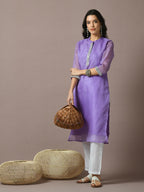 Myshka Women's Lavender Printed Cotton Blend Straight Party Kurta Set