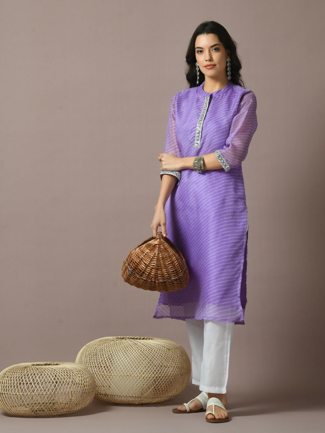Myshka Women's Lavender Printed Cotton Blend Straight Party Kurta Set