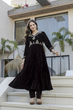The52 Women's Beautiful Velvet Fabric Embroidery Work Flared Anarkali Pant and Dupatta Set - Distacart