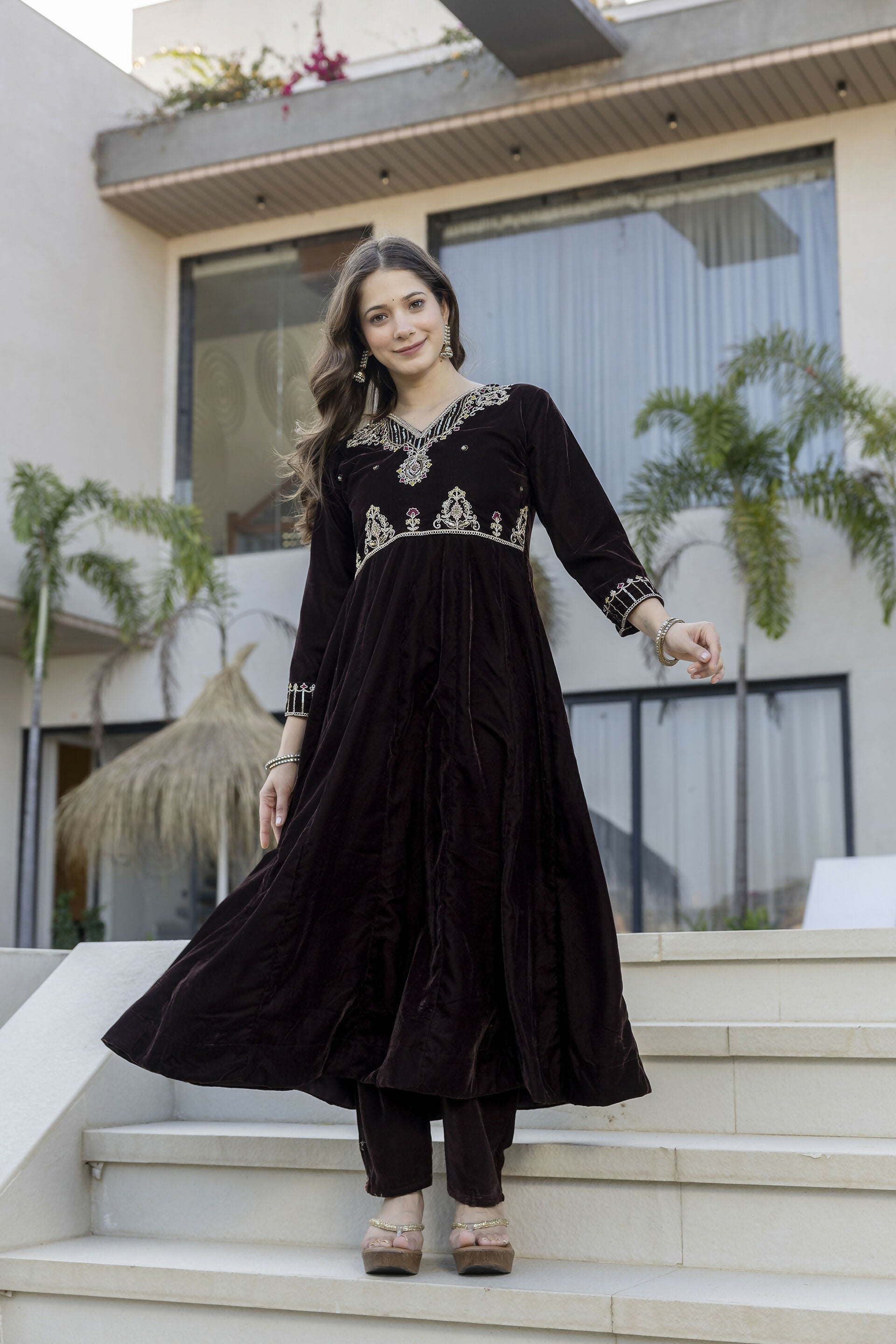 The52 Women's Beautiful Velvet Fabric Embroidery Work Flared Anarkali Pant and Dupatta Set - Distacart
