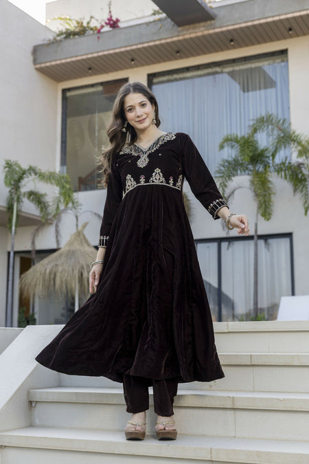 The52 Women's Beautiful Velvet Fabric Embroidery Work Flared Anarkali Pant and Dupatta Set