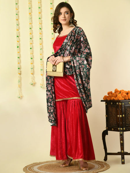Myshka Women's Pink Velvet Kurti & Sharara With Dupatta Party Sets