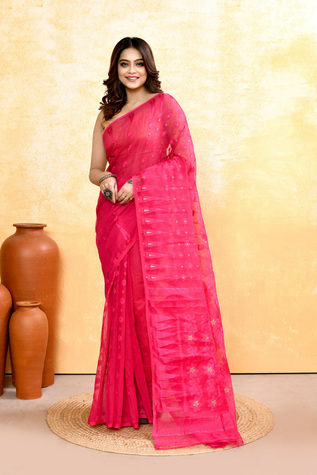 Piyari Fashion Women's Rani Pink Embellished Cotton Blend Jamdani Saree - Distacart