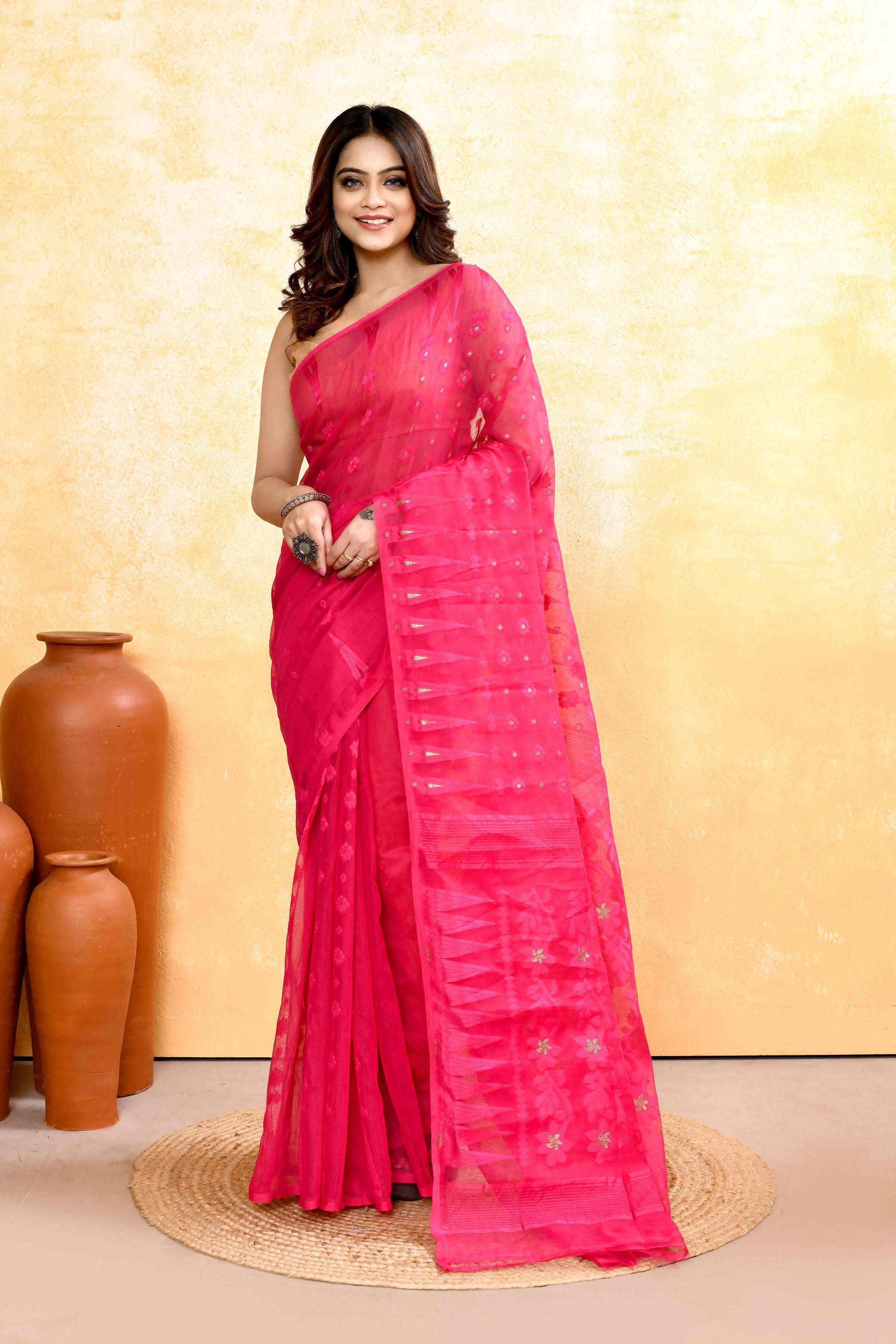 Piyari Fashion Women's Rani Pink Embellished Cotton Blend Jamdani Saree - Distacart