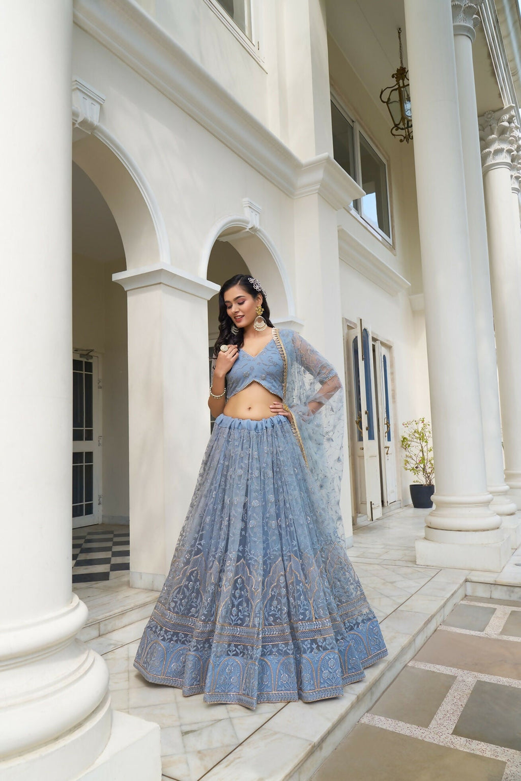Eilara Light Blue Net Threadwork Lehenga