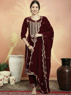 Jyoti Fashion Women's Maroon Velvet Cording with Resham Thread & Sequin Kurta with Trouser & Dupatta