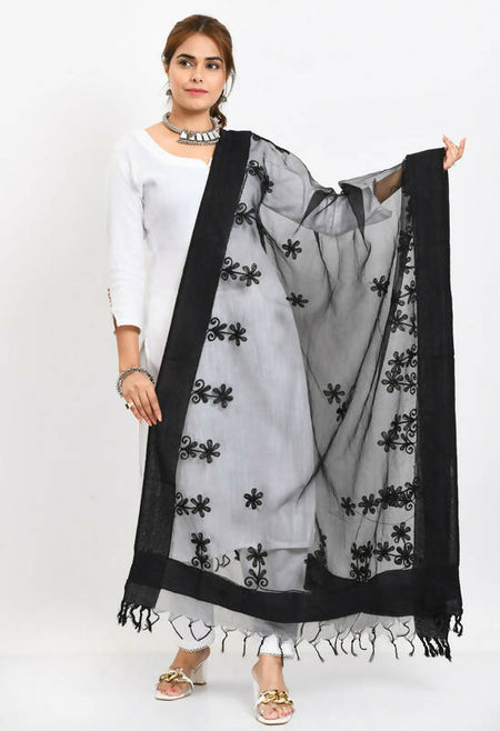 Mominos Fashion Moeza Women's Orgenza All Over Chikan Work Black Dupatta
