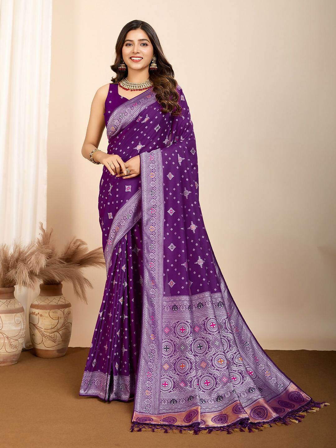 Purple Soft Silk Woven Meenakari Designer Saree - Vedanti