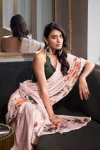 Vastranavya Off White Satin Silk Printed Saree with Hotfix Work Unstitched Blouse