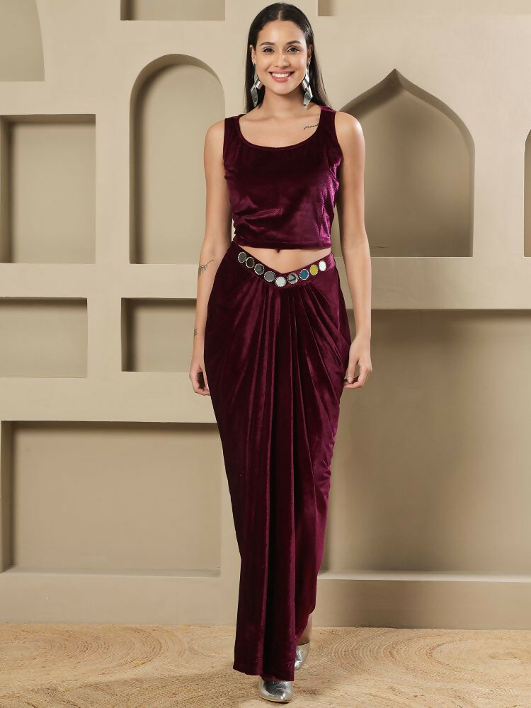 Joban Fashion Women Wine Velvet Hand Embellishment Stitched Dress - Distacart