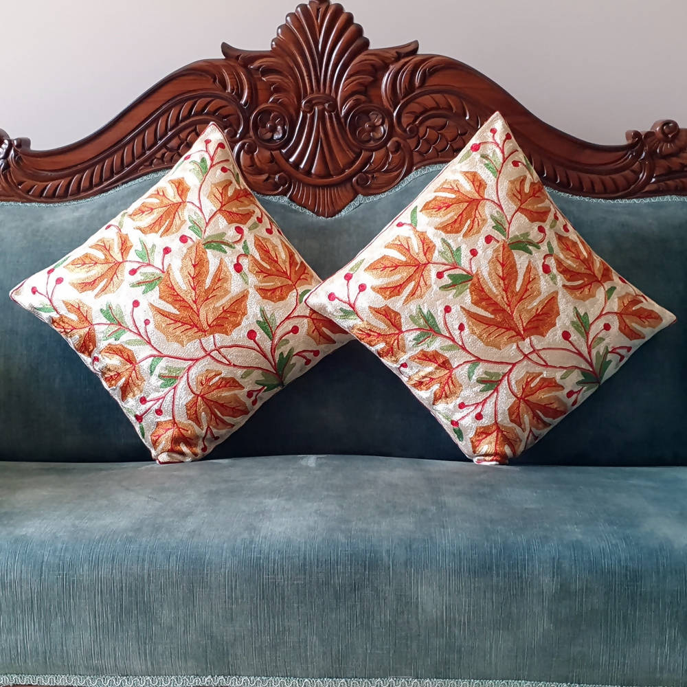 The Decor Nook Hand Embroidered Crewel Cushion Covers in Mustard Chinar Leaf Motif
