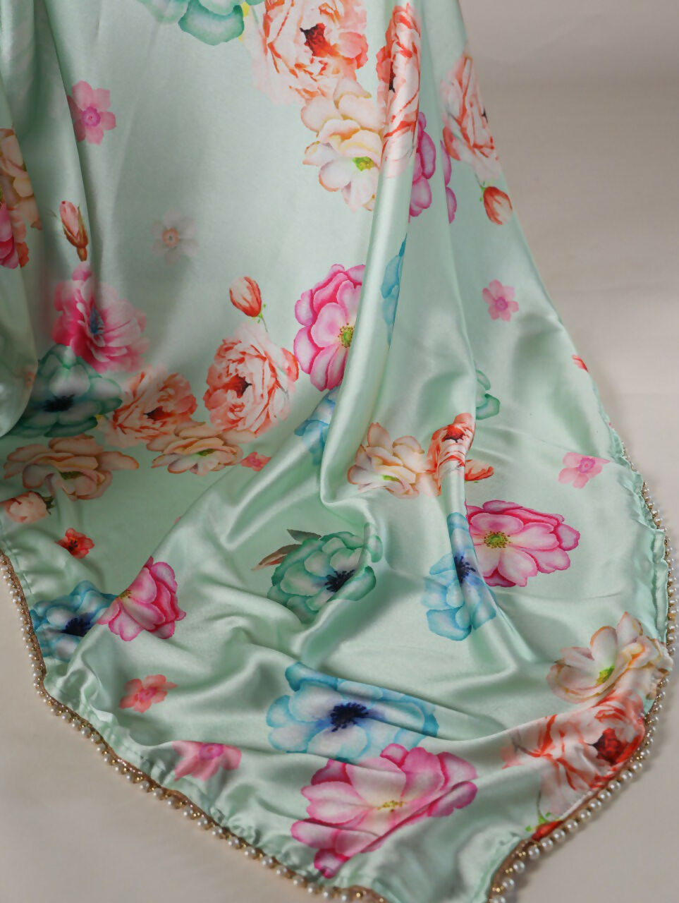 Vastranavya Pista Satin Silk Floral Printed with Pearl Lace Saree with Unstitched Blouse - Distacart