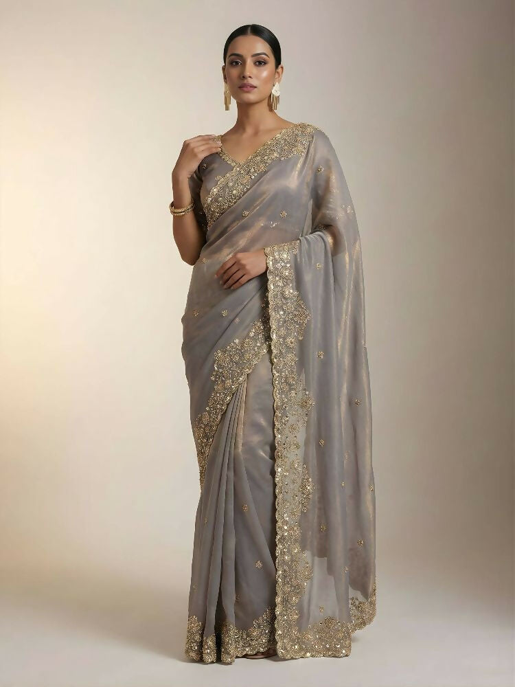 Joban Fashion Beige Fandy Satin Silk Party Wear Sarees - Distacart