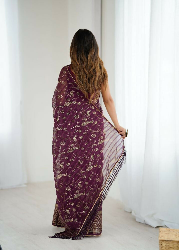 PR Fashion Wine Georgette Patta Plain With Foil Work And Small Lace And Zalar Lace Saree