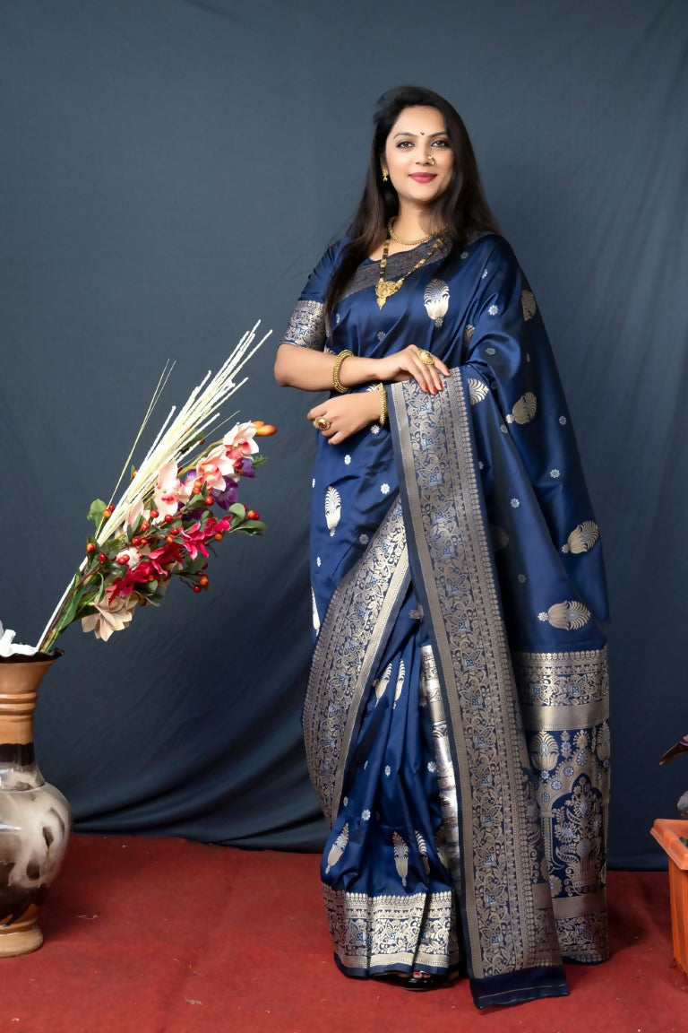 Jyoti Fashion Women's Navy Blue Paithani Silk Zari Woven Saree with Blouse - Distacart