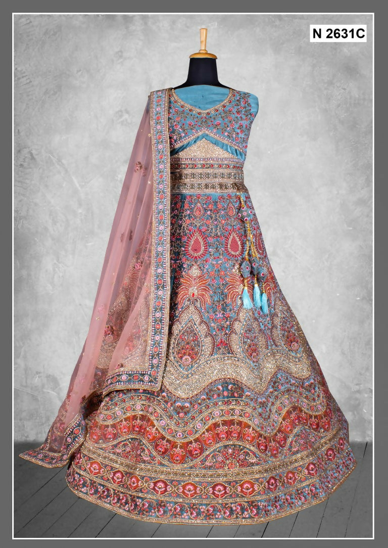 Blue Velvet Thread With Hand Work Lehenga Choli - Nimaya Tyohar