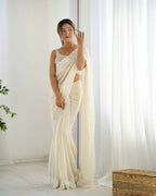 Georgette Designer Sequance Embroidery Work Party Wear Saree - Cream
