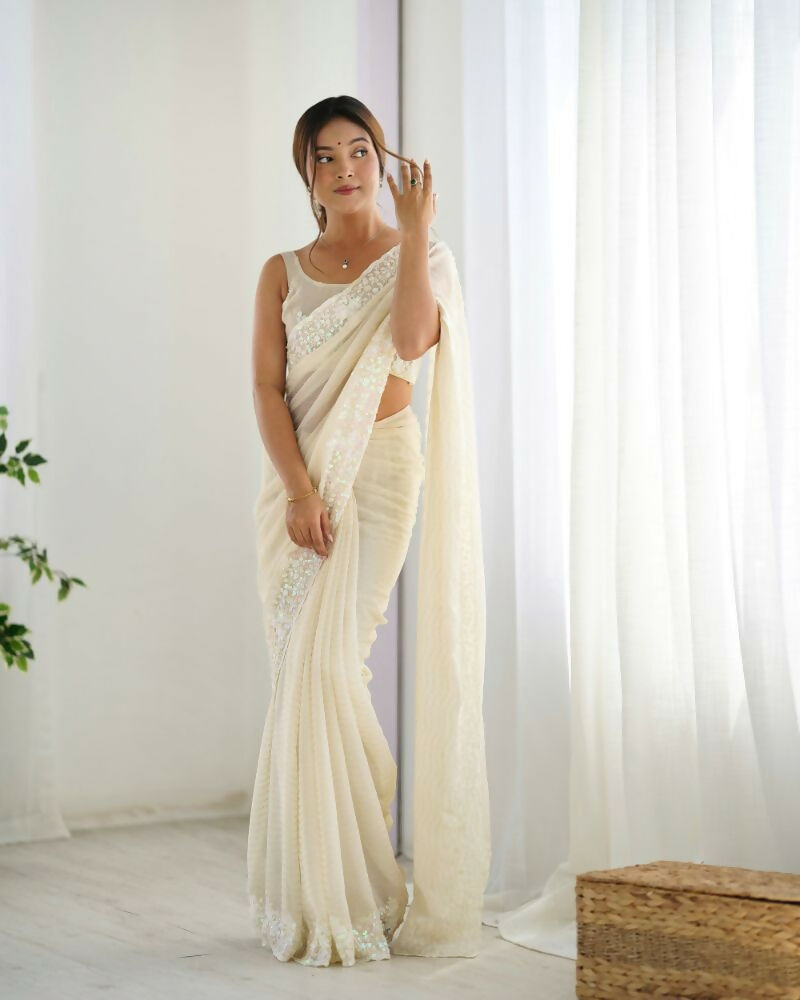 Georgette Designer Sequance Embroidery Work Party Wear Saree - Cream