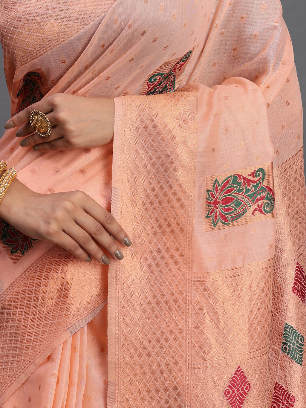 Shree Shyam Fashion Linen Cotton Peach Saree - Distacart
