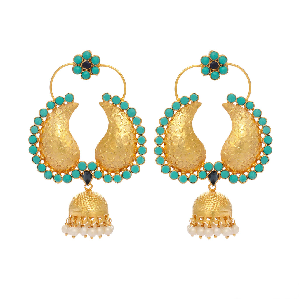 Nuyug 22K Gold Plated Turquoise Stone Studded Contemporary Mini Jhumki Dangler Earrings - Distacart