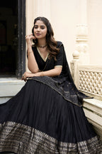 Lorenvalley Black Pure Chanderi Plain With Zari Weaving Work Border Lehenga Choli