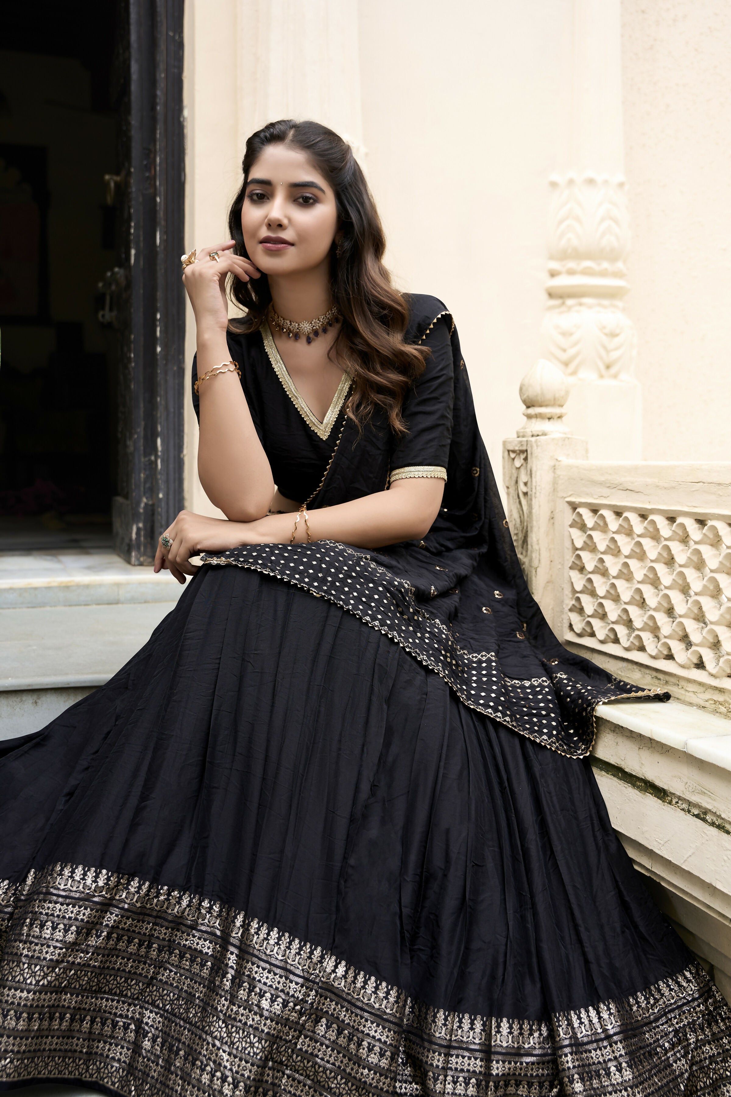 Lorenvalley Black Pure Chanderi Plain With Zari Weaving Work Border Lehenga Choli