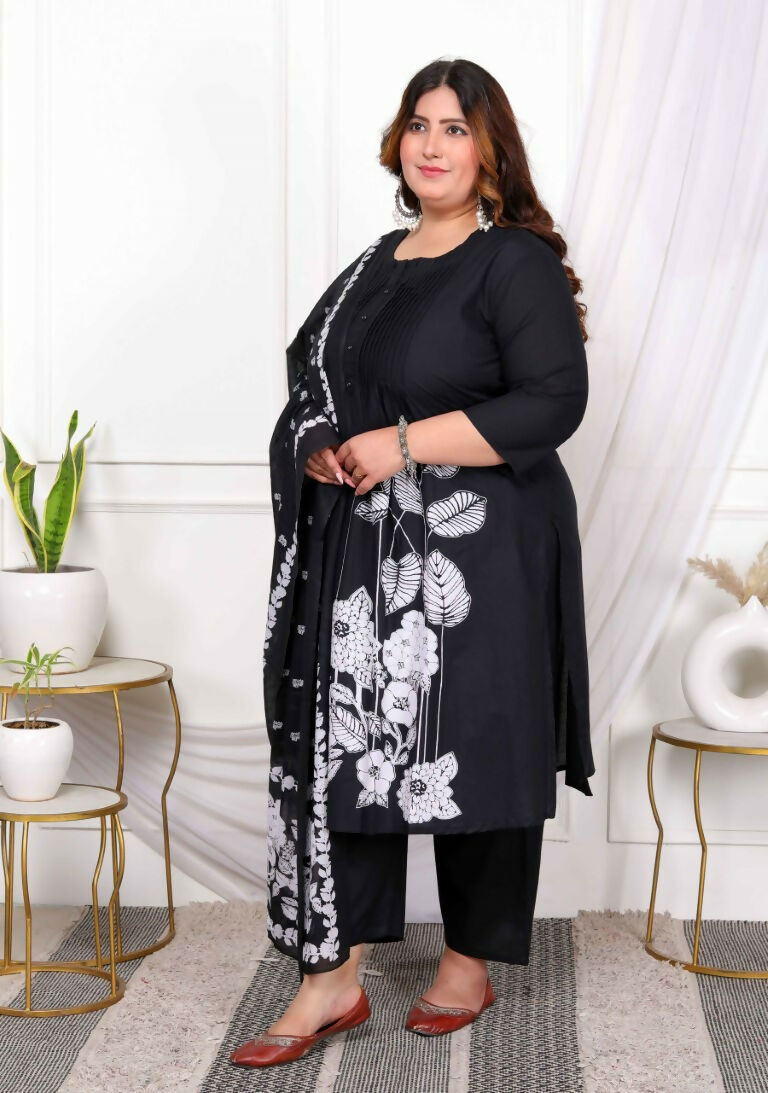 Miravan Women's Plus Size Black Pintucks Detailing Straight Kurta and Palazzo with Dupatta Set