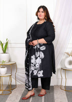 Miravan Women's Plus Size Black Pintucks Detailing Straight Kurta and Palazzo with Dupatta Set