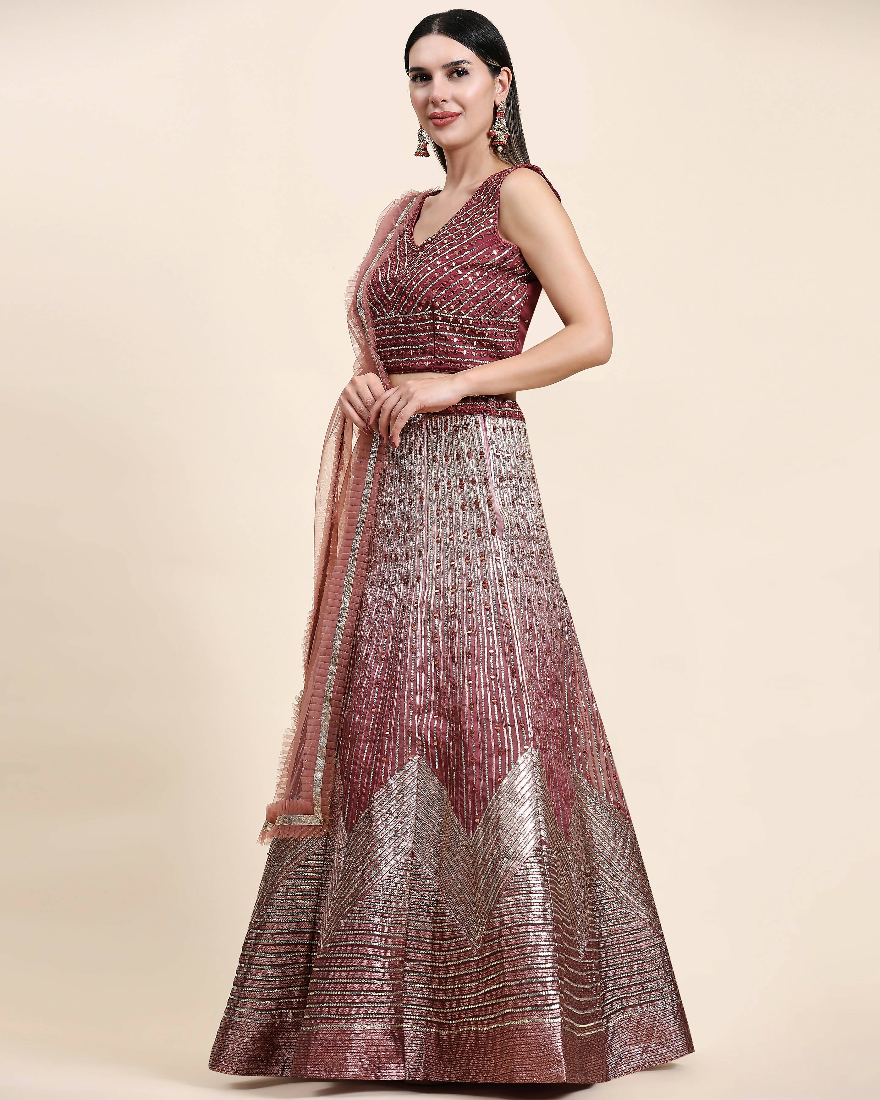 Maroon Organza Mirror With Coding Work Lehenga Choli with Dupatta - Tanya