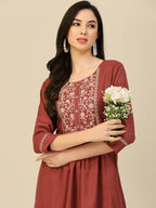 Brown Poly Rayon Floral Embroidered Top - Zeny