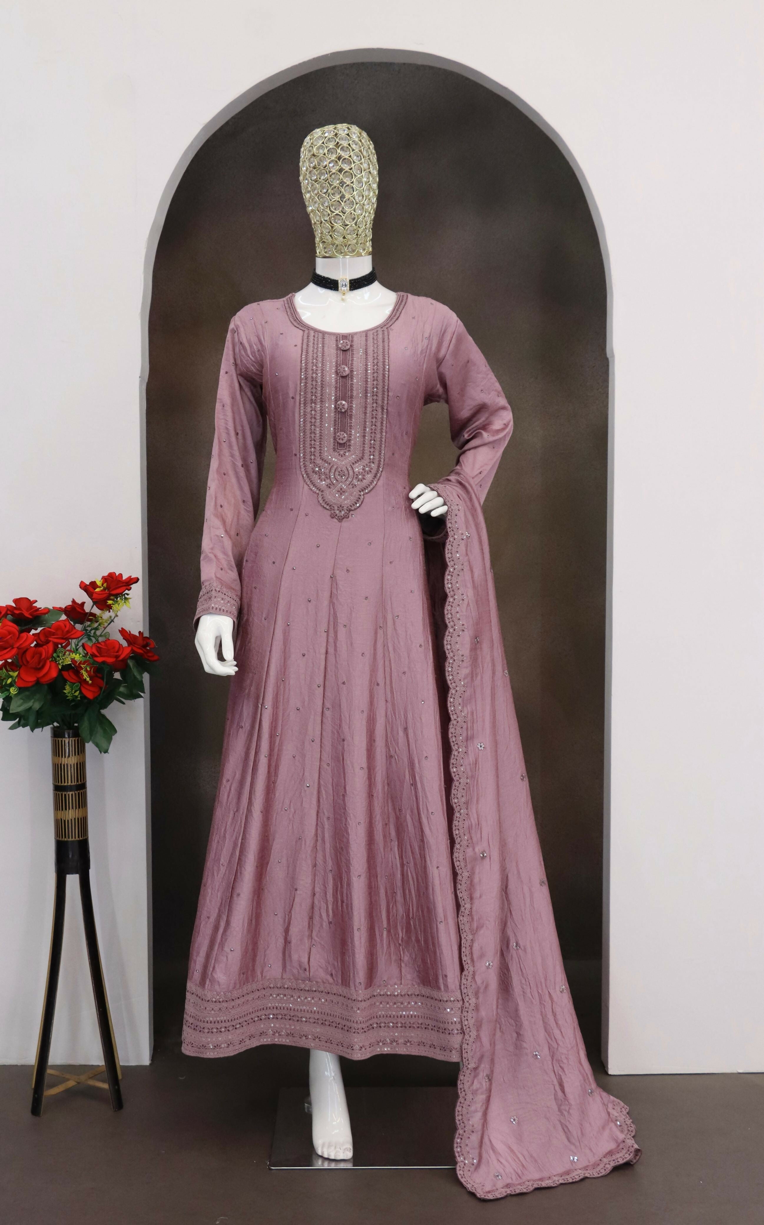 Teeya Creation Pink Color Heavy Vichitra Silk Embroidery Work Long Gown
