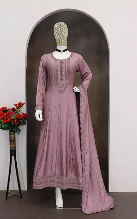 Teeya Creation Pink Color Heavy Vichitra Silk Embroidery Work Long Gown