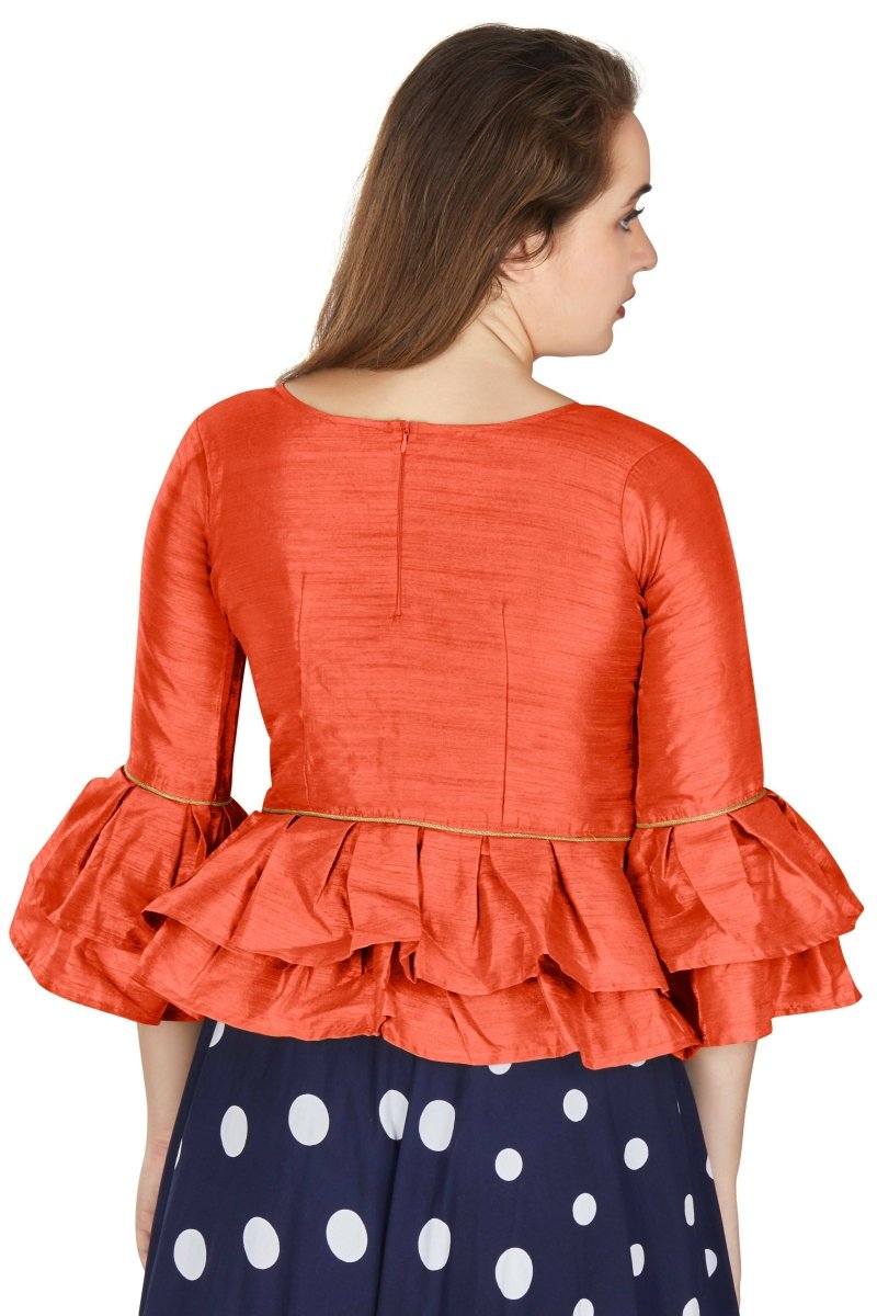 Aastha Fashion Women's Orange Art Silk Bell Sleeves attire with Poly Cotton Lining Blouse