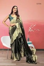 Green Satin Solid Designer, Printed Party Wear Ready To Wear Saree - Nasreen