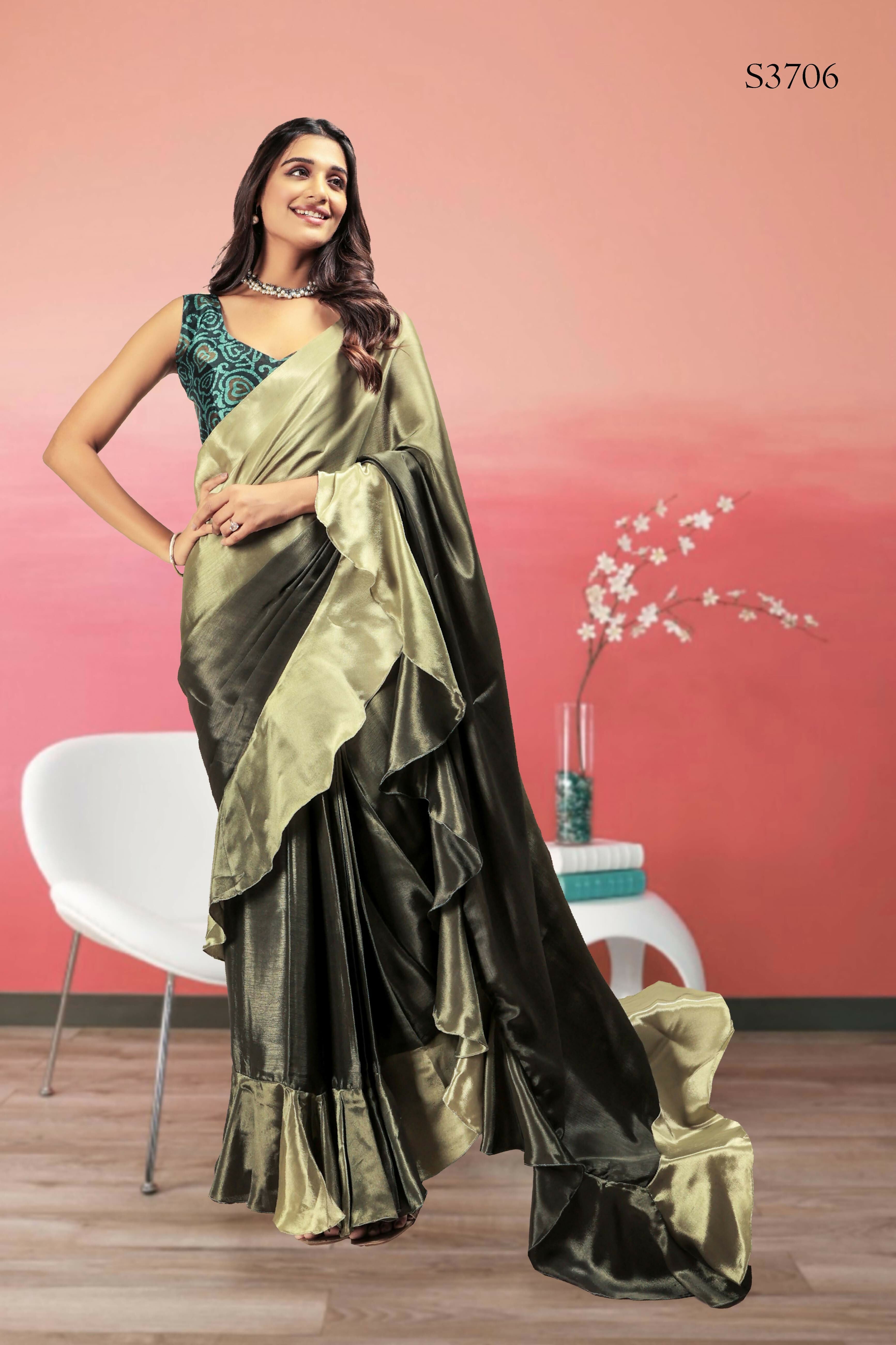 Green Satin Solid Designer, Printed Party Wear Ready To Wear Saree - Nasreen