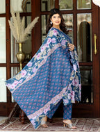 Miravan Women's Cotton Floral Angrakha Kurta And Palazzo With Dupatta Set