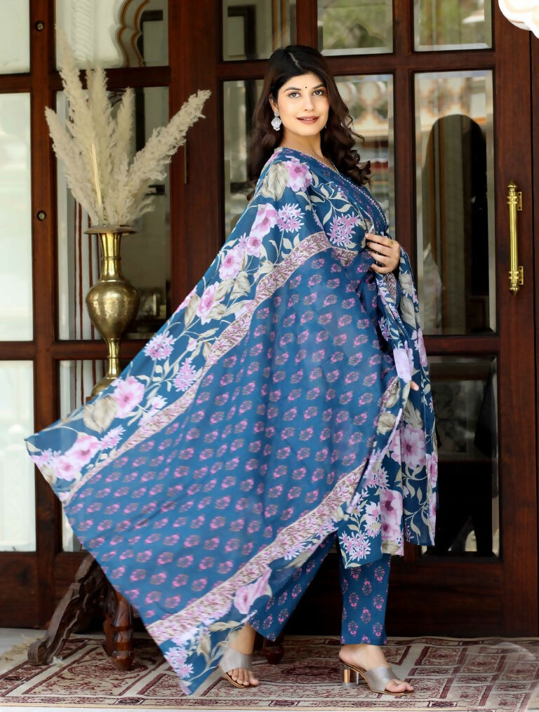 Miravan Women's Cotton Floral Angrakha Kurta And Palazzo With Dupatta Set