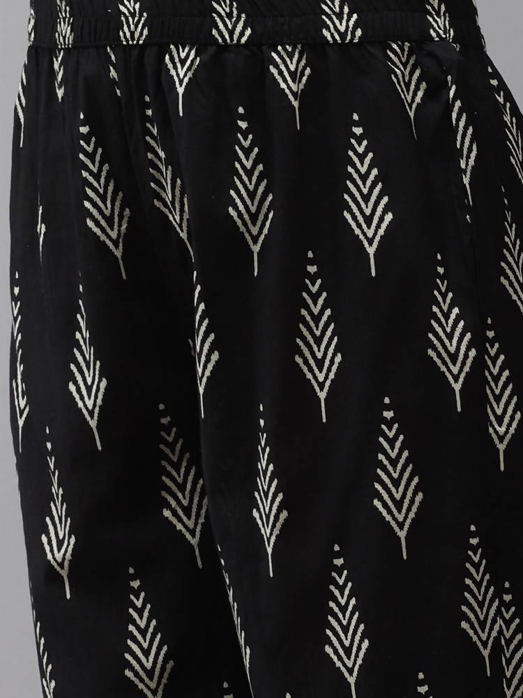 Yufta Women Black & Off-White Ethnic Motifs Printed Thread Work Cotton Kurta Set & Dupatta