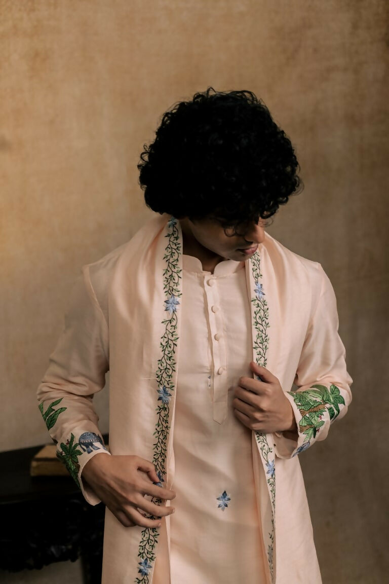 Falling Raw Silk Peach Gajavana Kurta Set By Hilo Design