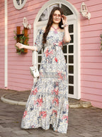 Grey Crepe Foil Printed Long Dress - Michan - Distacart