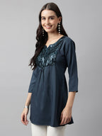 Teal Poly Cotton Yoke Sequence Embroidered A-line Top - Bosky
