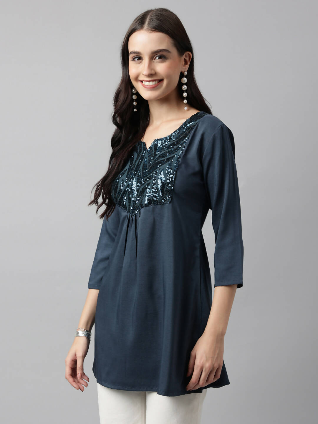 Teal Poly Cotton Yoke Sequence Embroidered A-line Top - Bosky