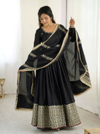 The52 Women's Gorgeous Chinon Silk Fabric Embroidery Work Flared Anarkali Pant and Dupatta Set - Distacart