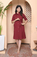 Miravan Womens Maroon Solid A-Line Dress With Belt