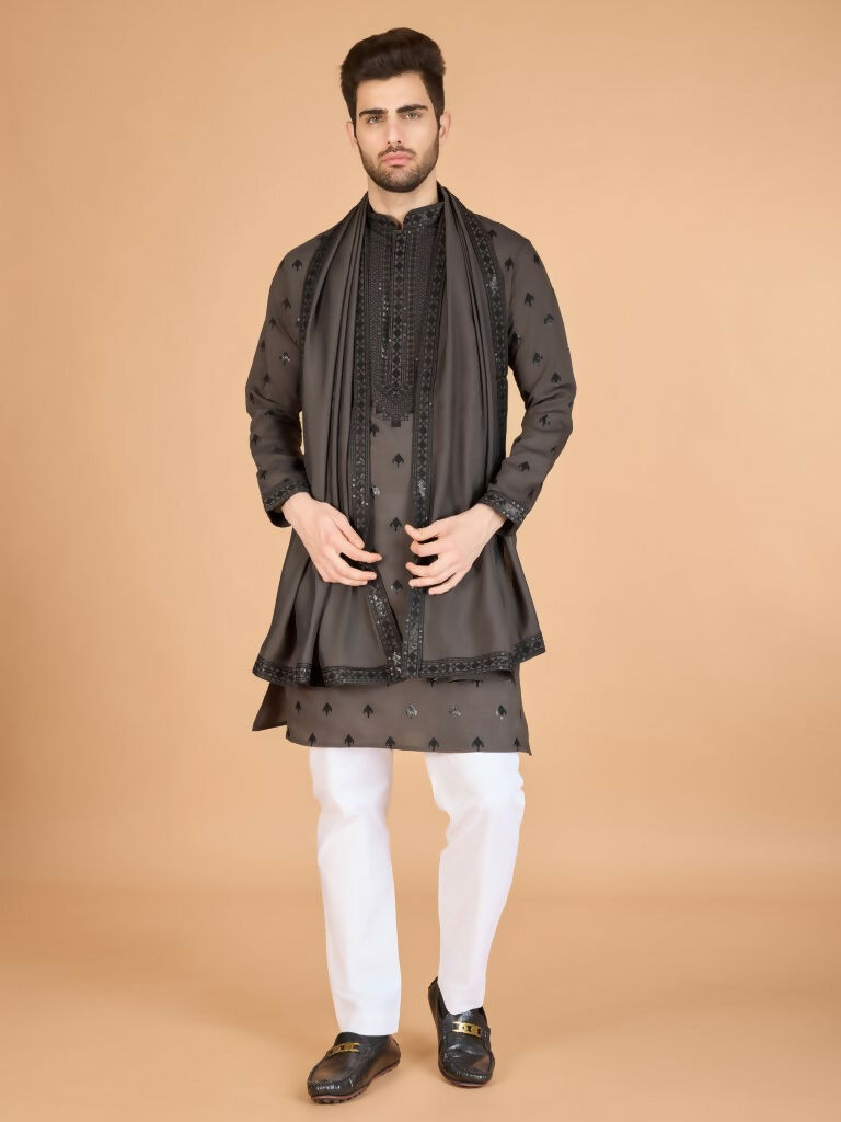 Vastranavya Brown Exclusive Festival Wear Viscose Silk Thread with Sequence Embroidered Work Kurta with Dupatta