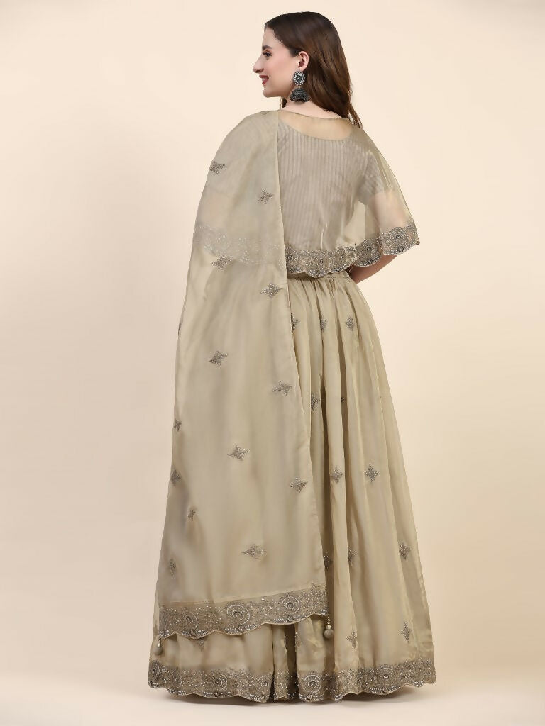 Green Silk Embroidered Poncho Pattern Top & Lehenga with Dupatta - Tanya