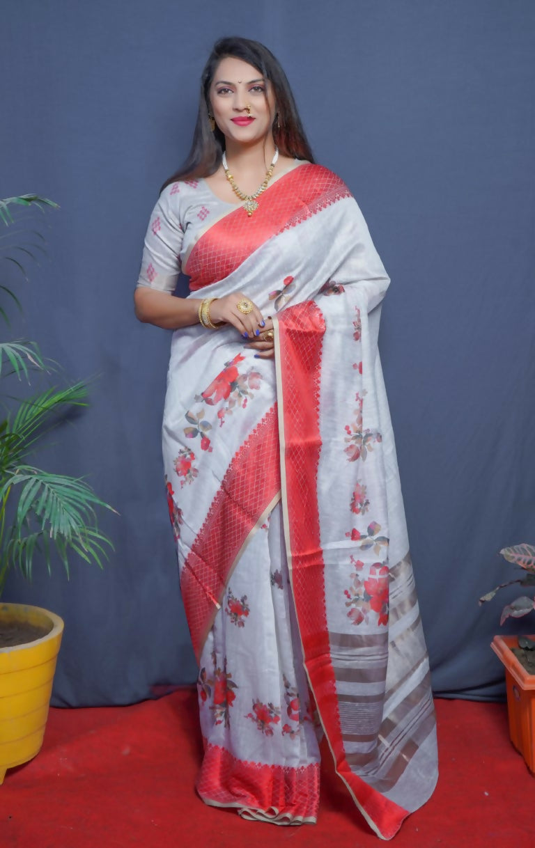 Jyoti Fashion Women's Maroon Linen Silk Digital Print with Jacquard Woven Border Saree with Blouse